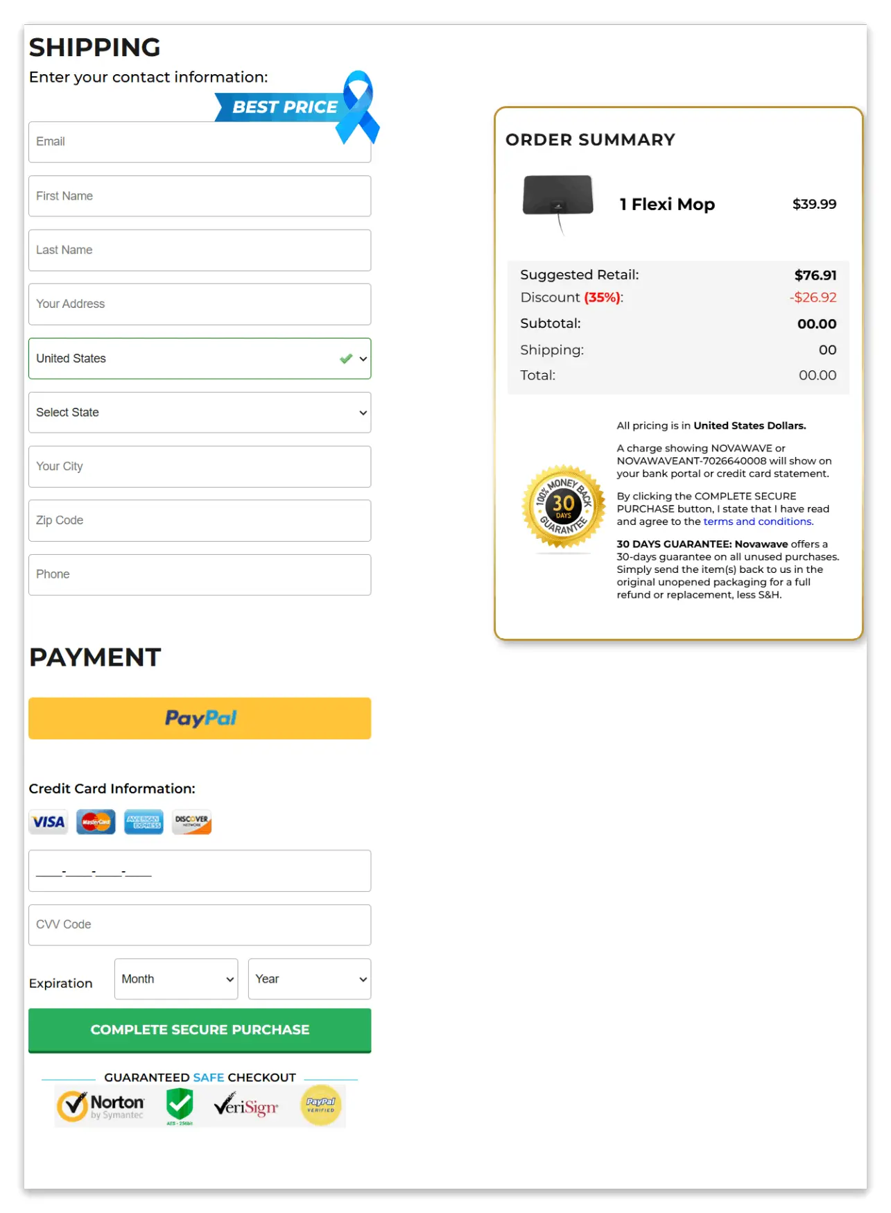 NovaWave checkout page